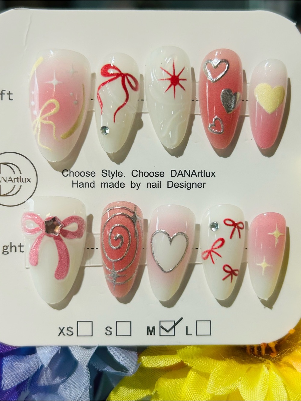 Pink & White Heart & Bow 10pcs Set Press on Nails 💅 #222